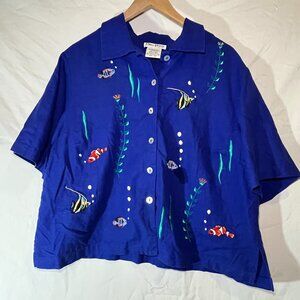Vintage ULTRA DRESS Linen Blend Blouse Button Top Women Size 18 Embroidered Fish